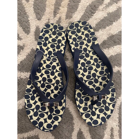 Navy and Cream Monogram C Coach Flip Flops with Silver Bow - Picture 2 of 6